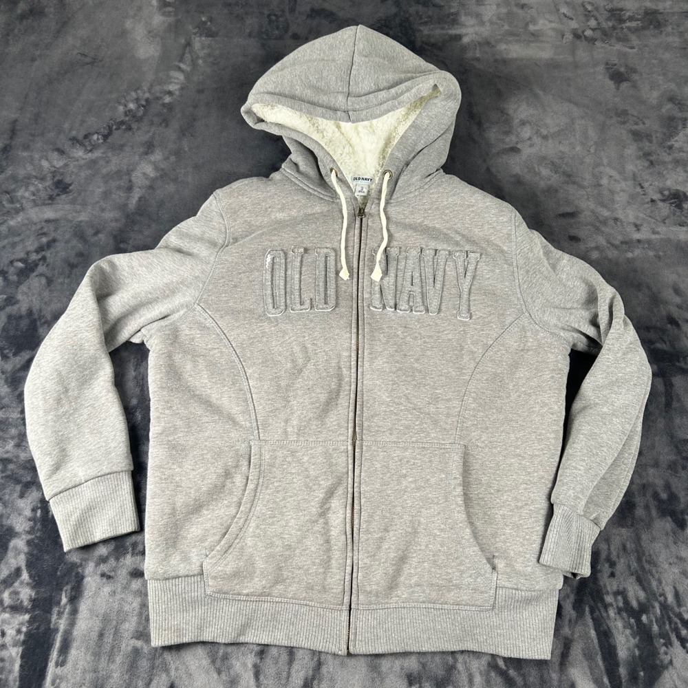 Old Navy Zip Hoodie Womens XL Gray Sherpa Lined Hood Logo Fleece Sweatshirt